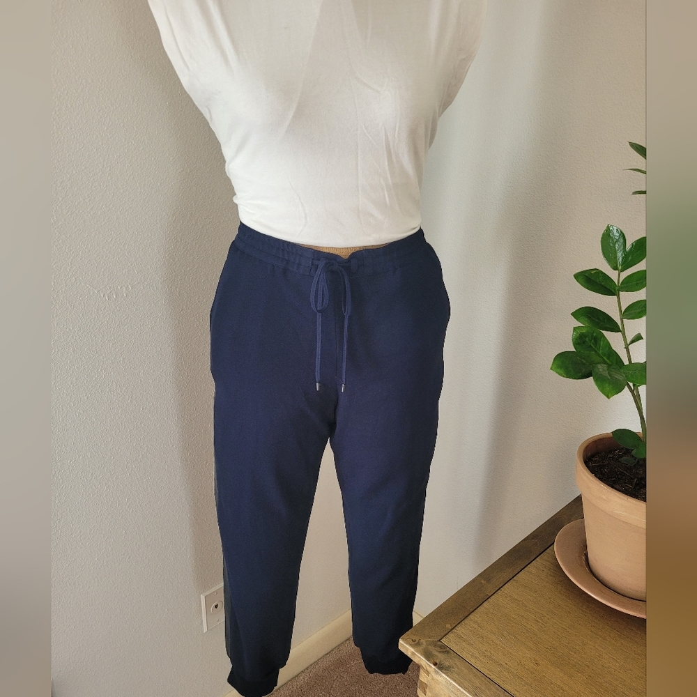 VINCE Leather Striped Joggers in Navy Color Size L
